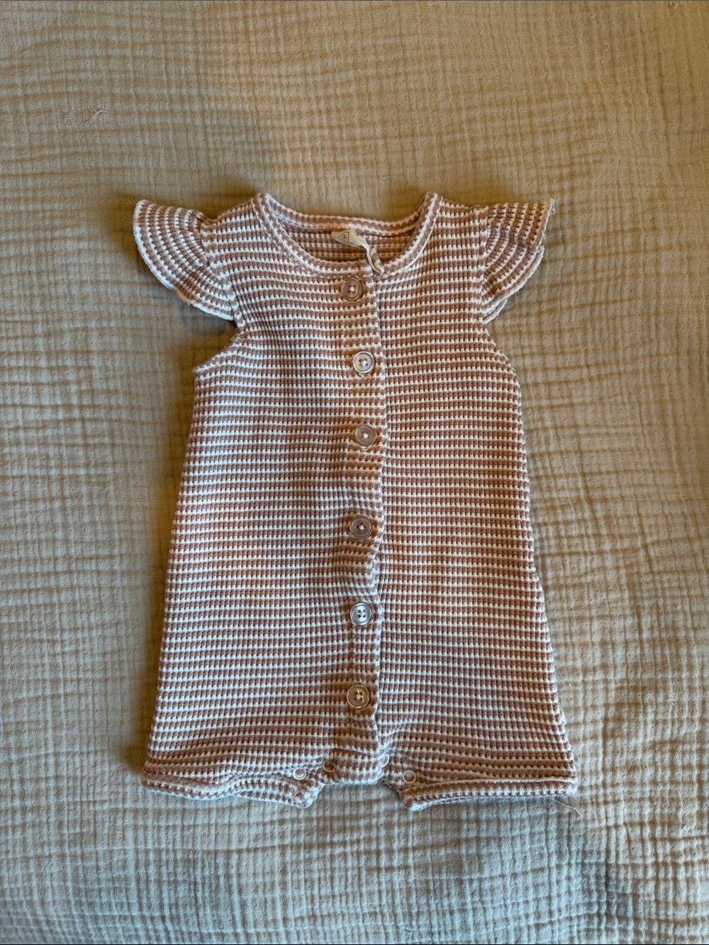 Baby Knit Button-Front One-Piece Romper in Beige Stripe